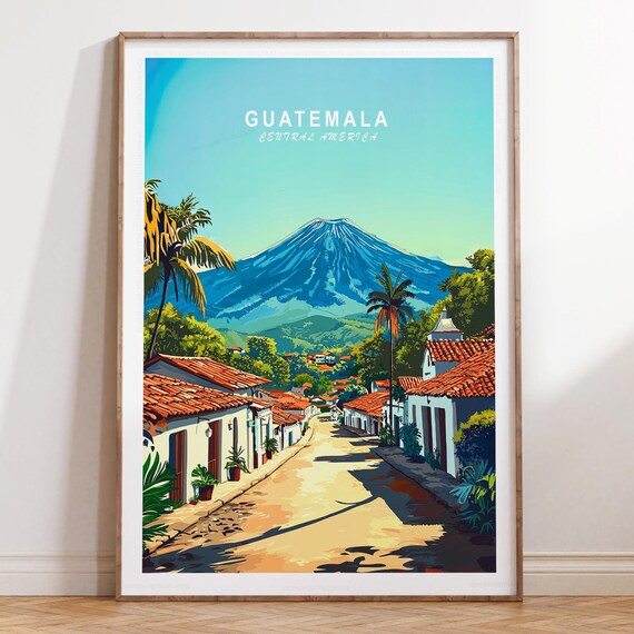 Guatemala Colonial Village Street Under the Volcano Travel Poster