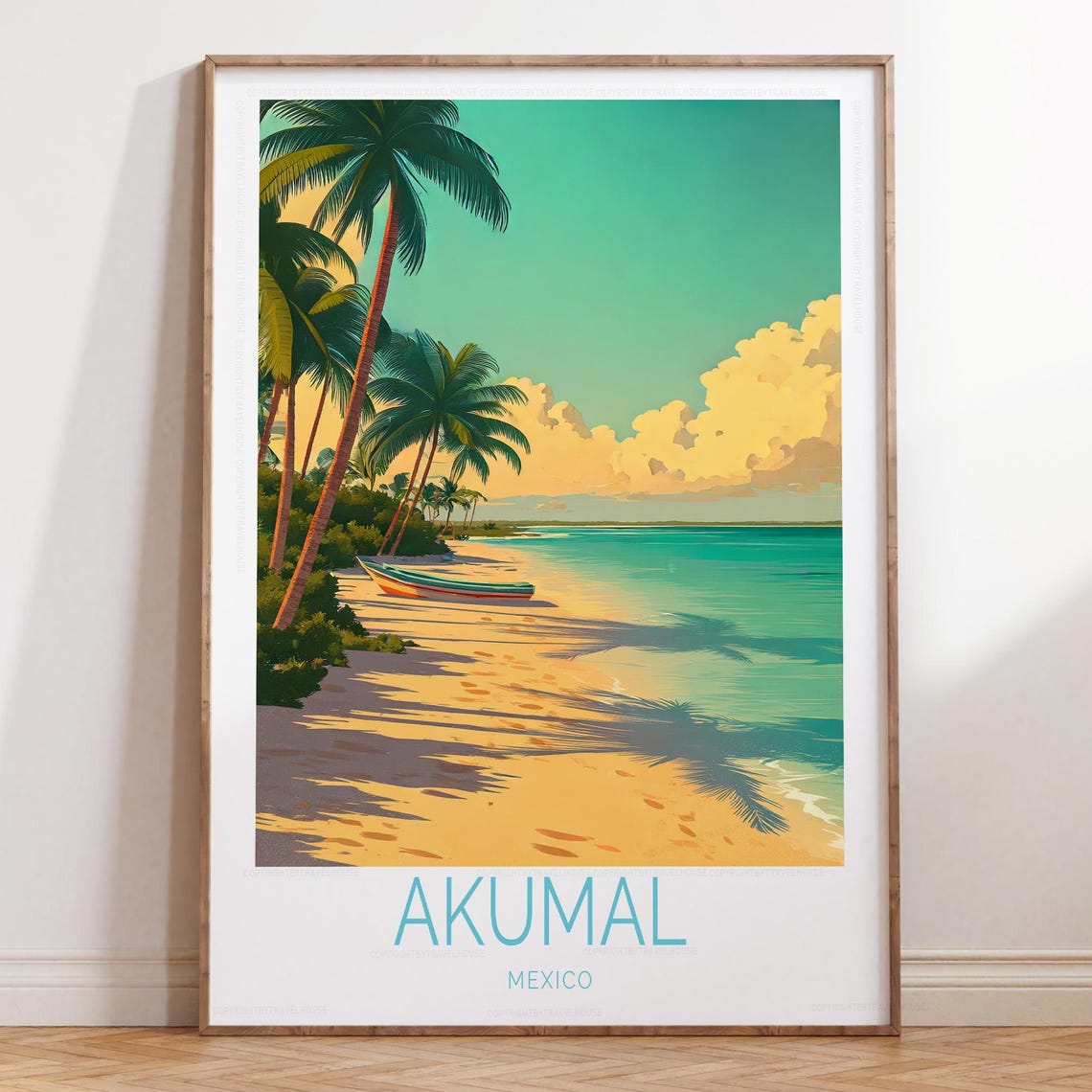Akumal Mexico Tropical Beach Palm Trees Canoe Sunrise Travel Poster