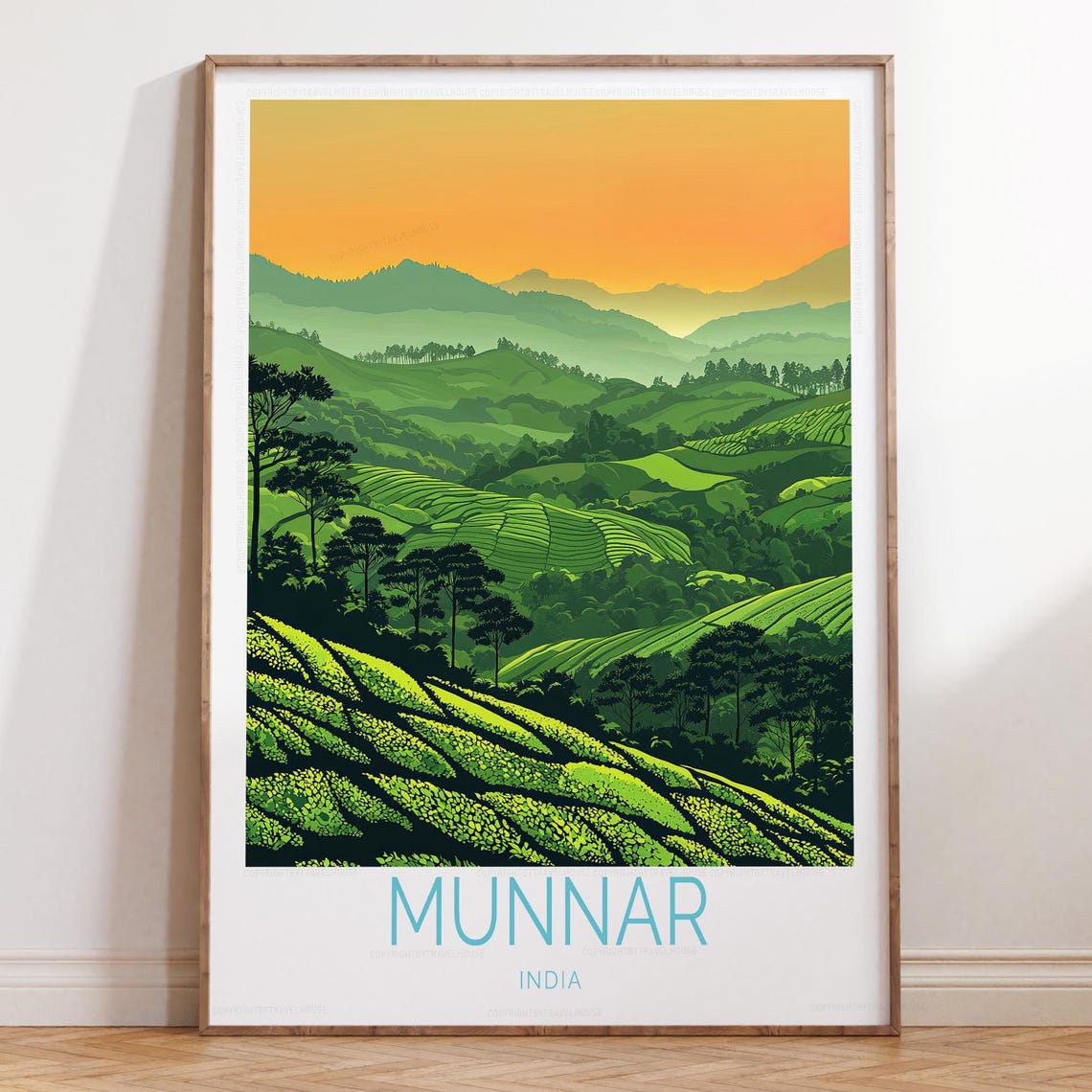 Munnar India Tea Plantations Orange Sunset Hills Travel Poster