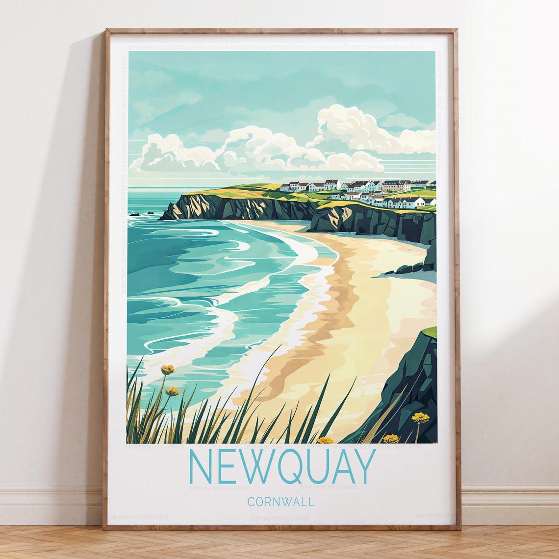 Newquay Cornwall Beach Cliffs and Turquoise Waves Travel Poster
