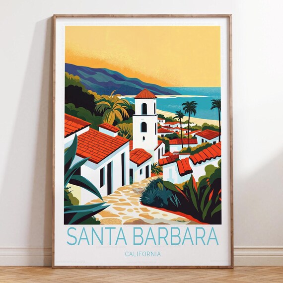 Santa Barbara California Mission Town Vintage Golden Sunset Poster