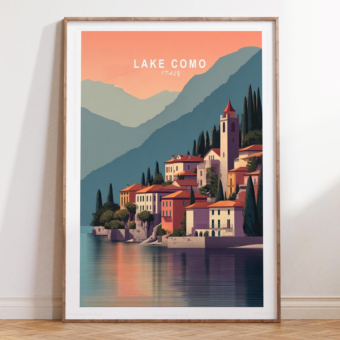 Lake Como Italy Lakeside Village Reflection Retro Travel Poster