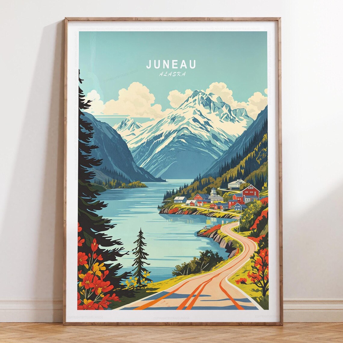 Juneau Alaska Mountain Lake Town Vintage Style Travel Poster