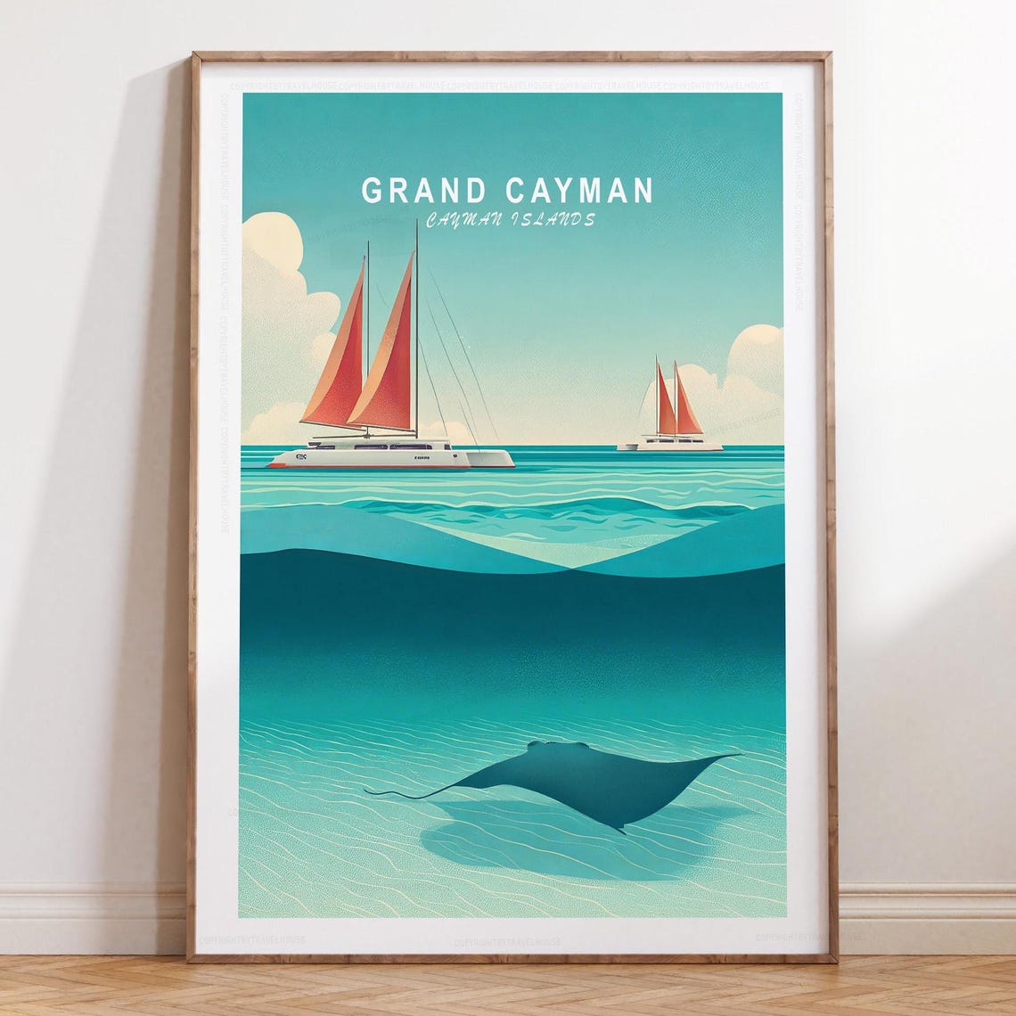 Grand Cayman Sailboats and Stingray Seascape Art Poster Without Text