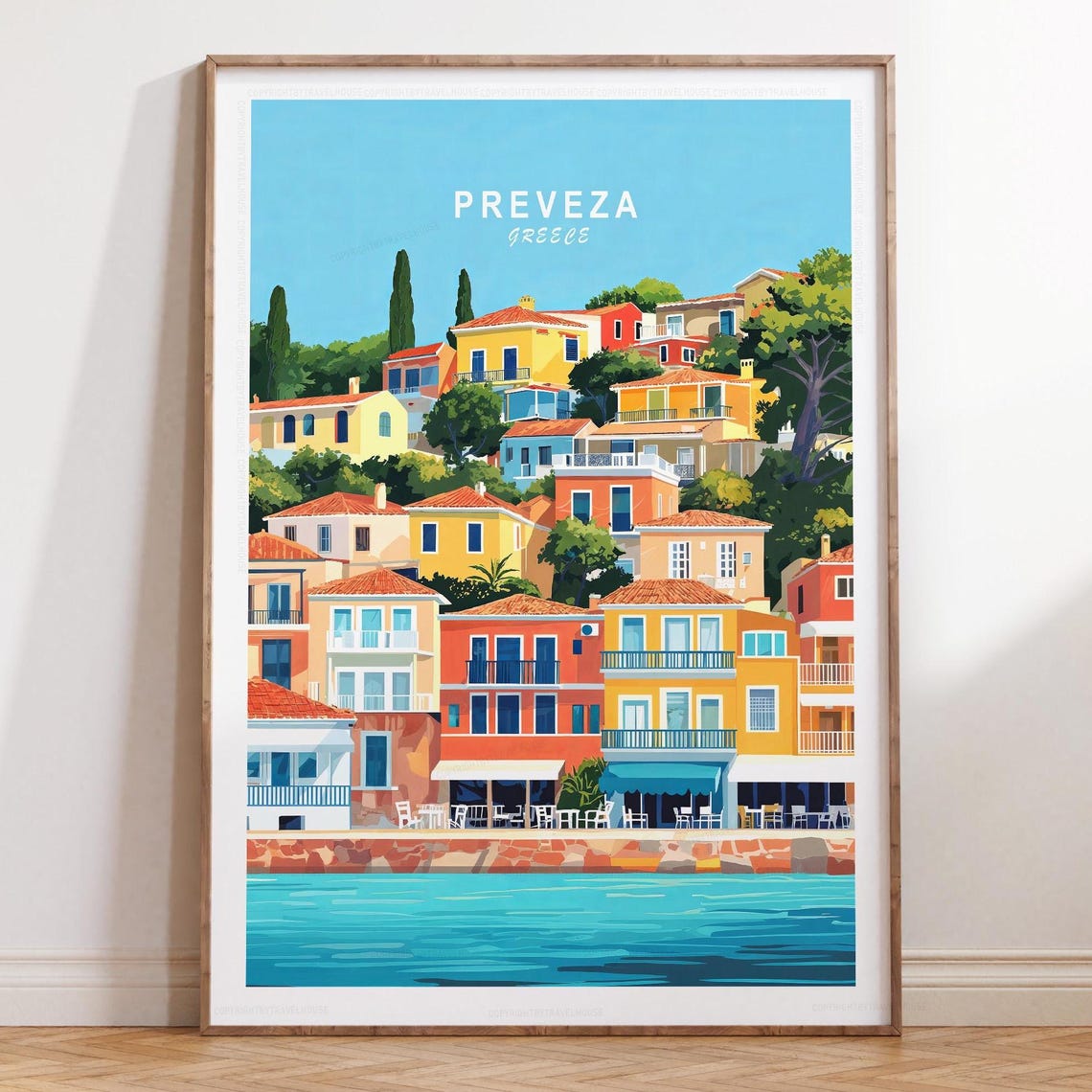Preveza Greece Hillside Town Above Turquoise Sea Travel Poster