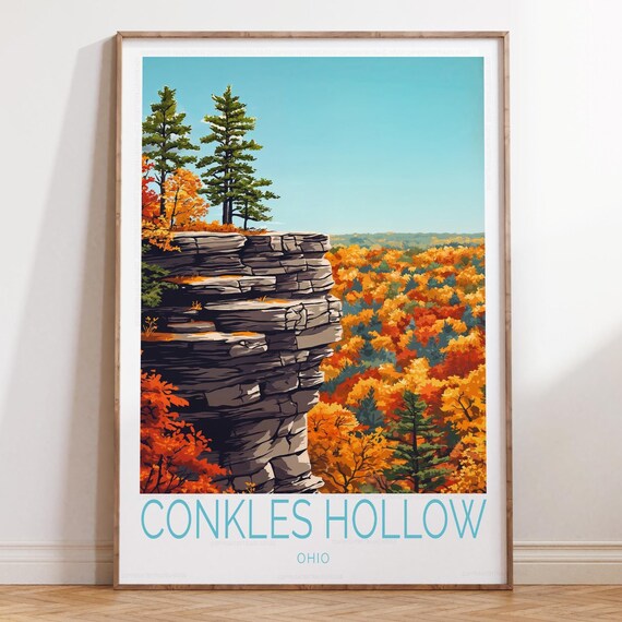 Conkles Hollow Ohio Cliff Overlook Pine Trees Fall Foliage View Travel Poster