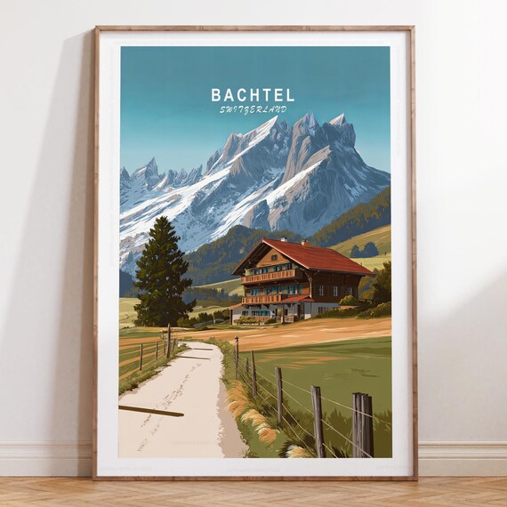 Bachtel Switzerland Alpine Trail Snowy Peaks Illustrated Poster