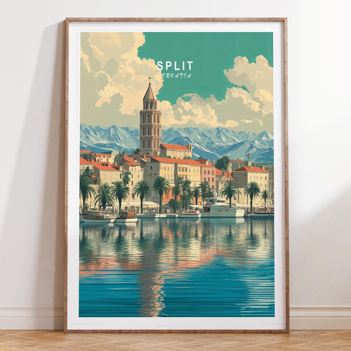 Split Croatia Harbor Bell Tower Palm Waterfront Daytime Travel Poster