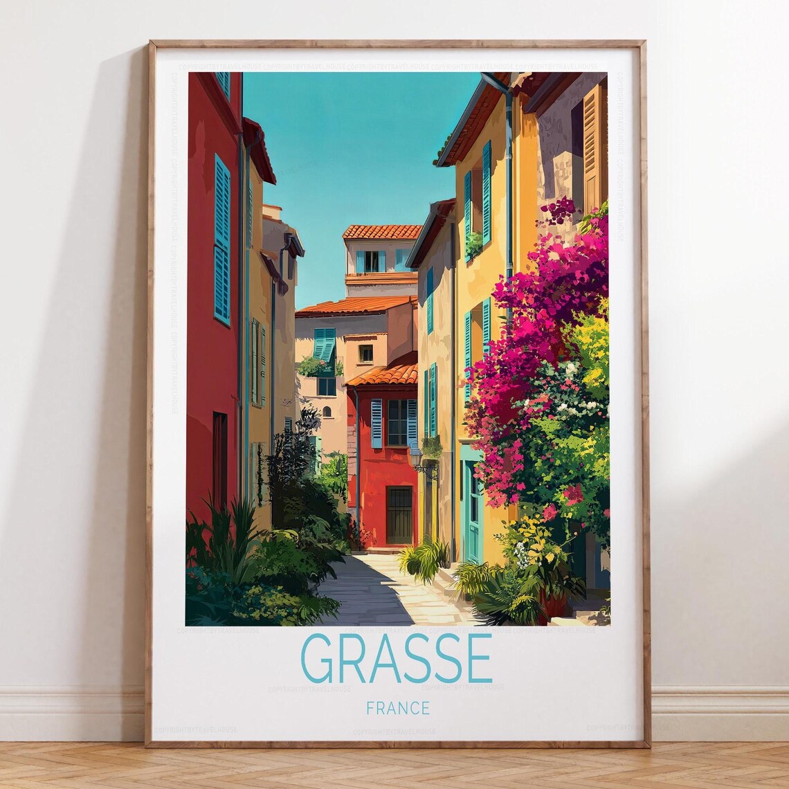 Grasse France Flowered Street Blooming Bougainvillea Travel Poster