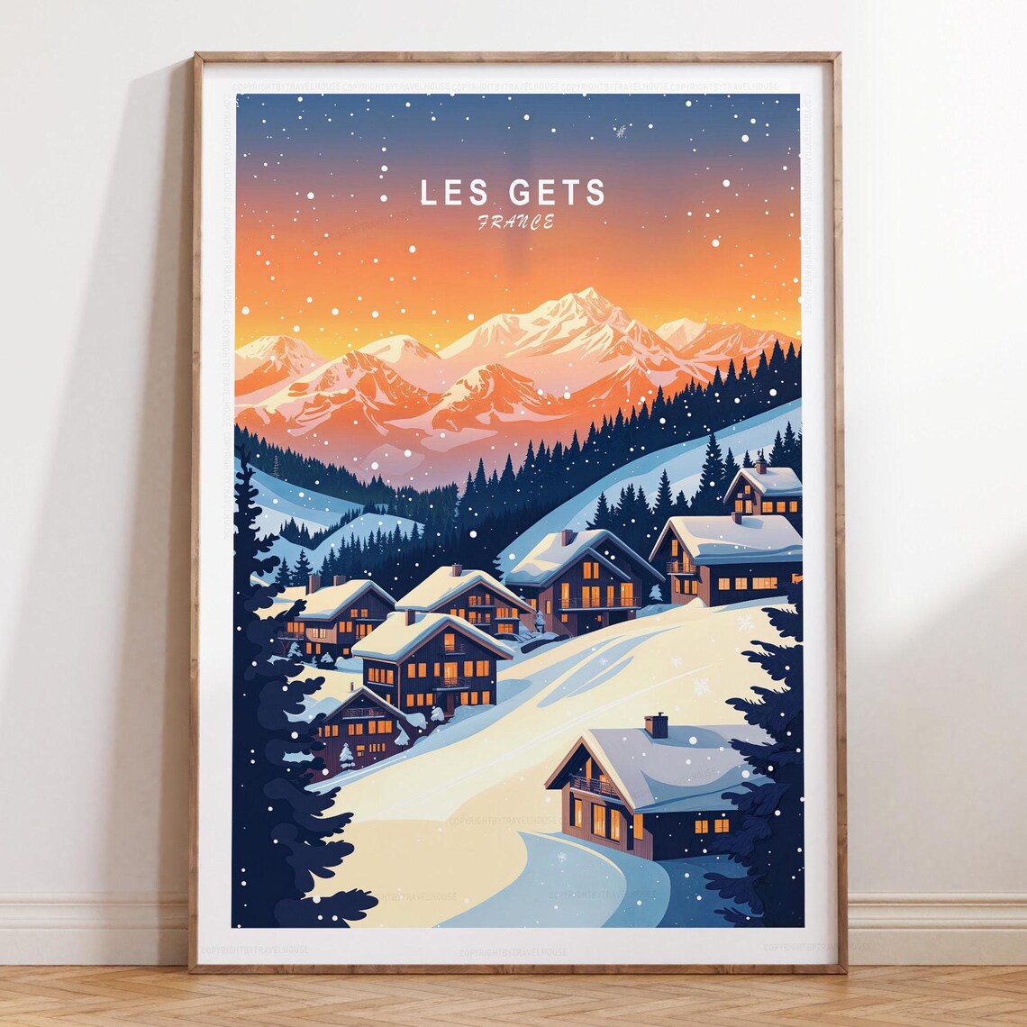 Les Gets France Snowy Chalet Village at Sunset Travel Poster