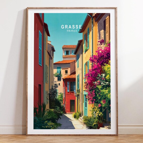 Grasse France Beautiful Sunlit Old Town Flowered Street Travel Poster