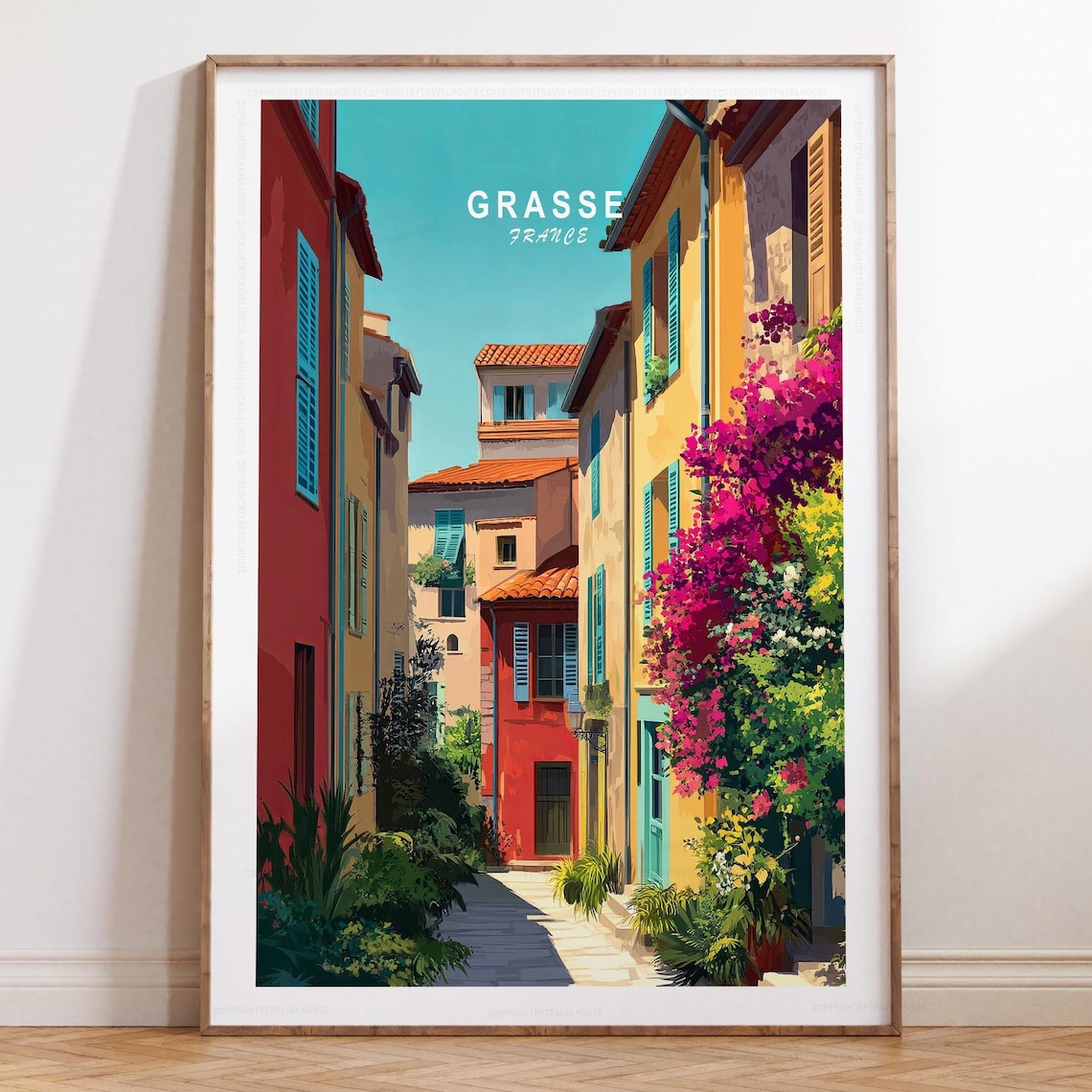 Grasse France Beautiful Sunlit Old Town Flowered Street Travel Poster