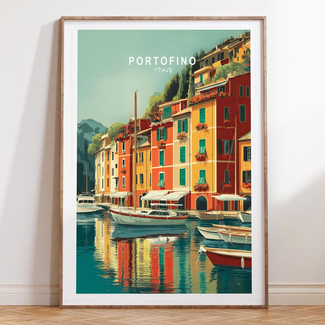 Portofino Italy Harbor Travel Poster with Title Lettering at the Top