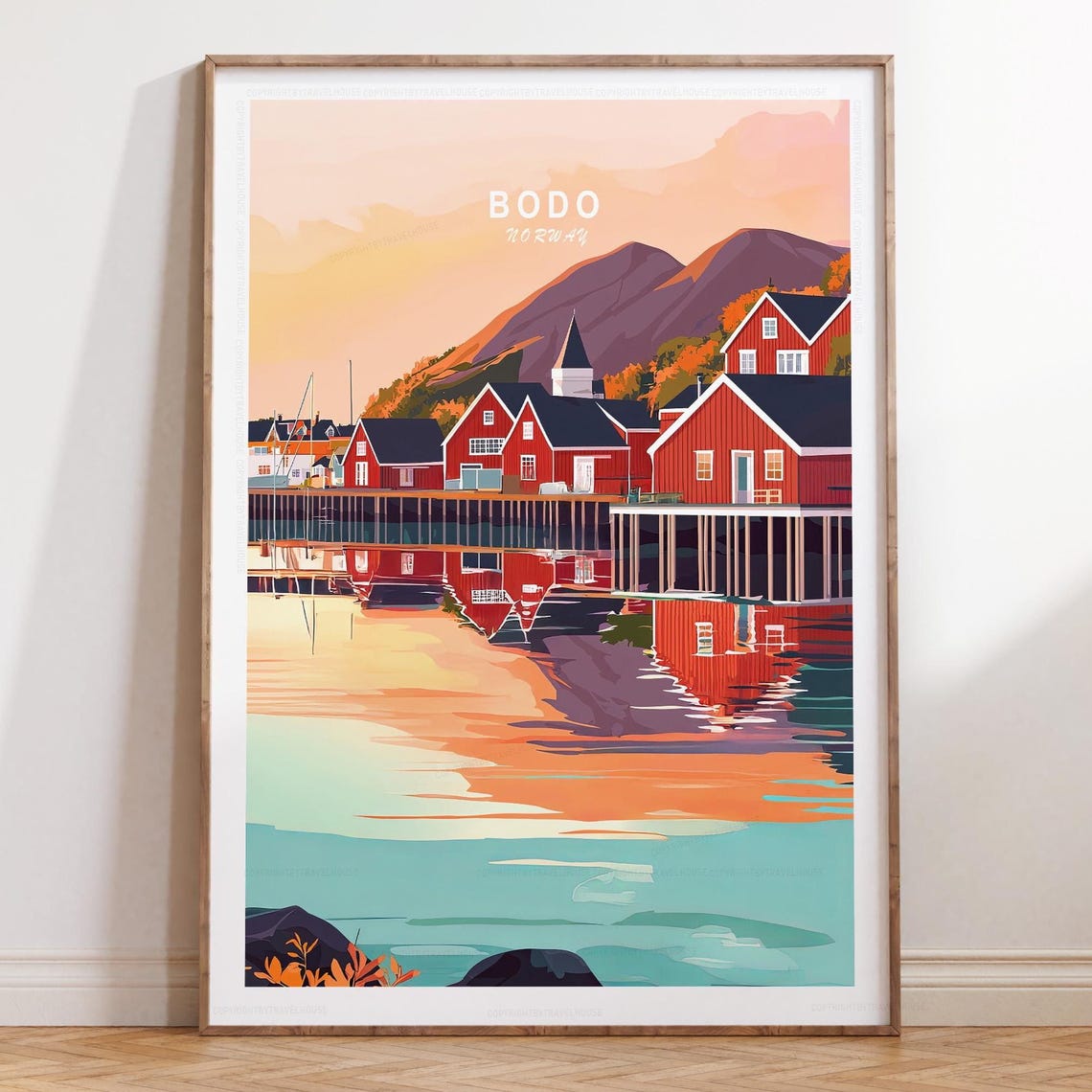 Bodo Norway Sunset Mountain Village Church Water Reflection Poster