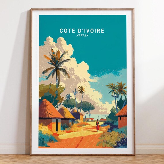 Cote D'Ivoire Africa Travel Poster Teal Sky and Palm Village Scene