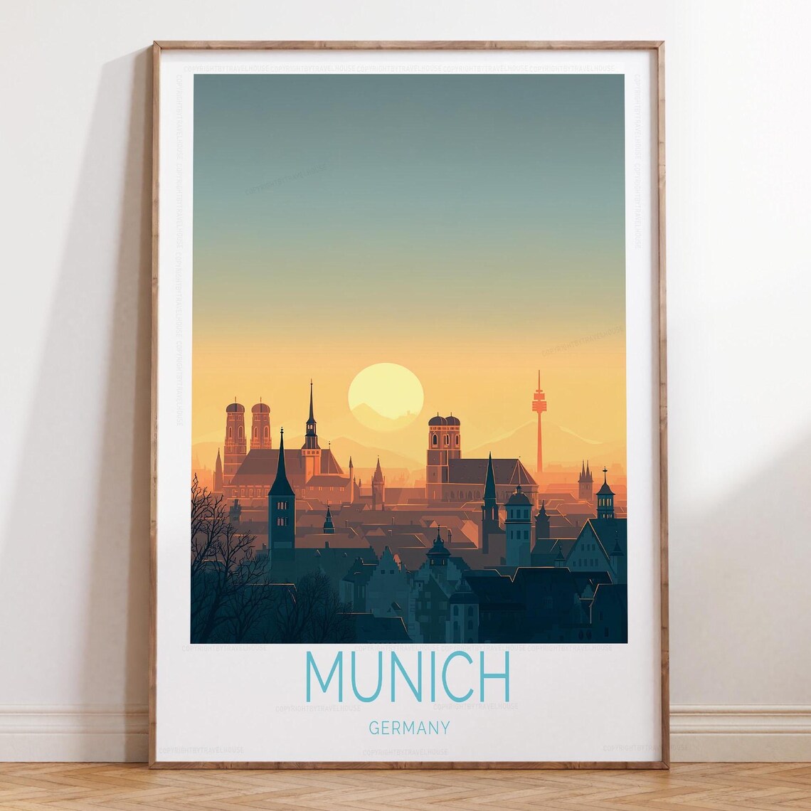 Munich Germany Sunset Old Town Skyline Vintage Travel Poster
