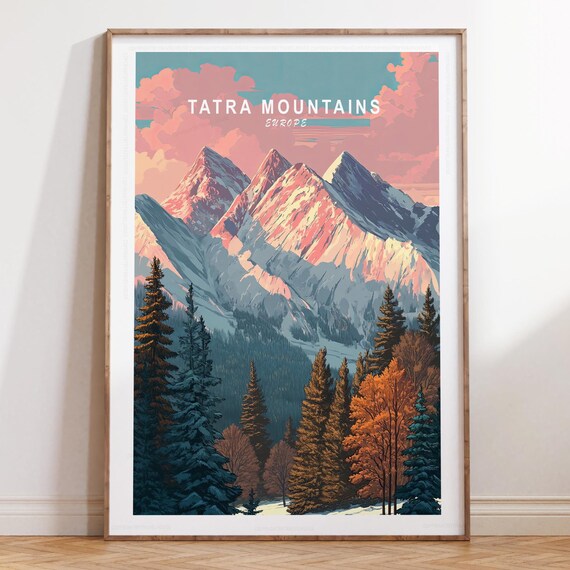 Tatra Mountains Europe Pink Sky Alpine Peaks Pines Travel Poster