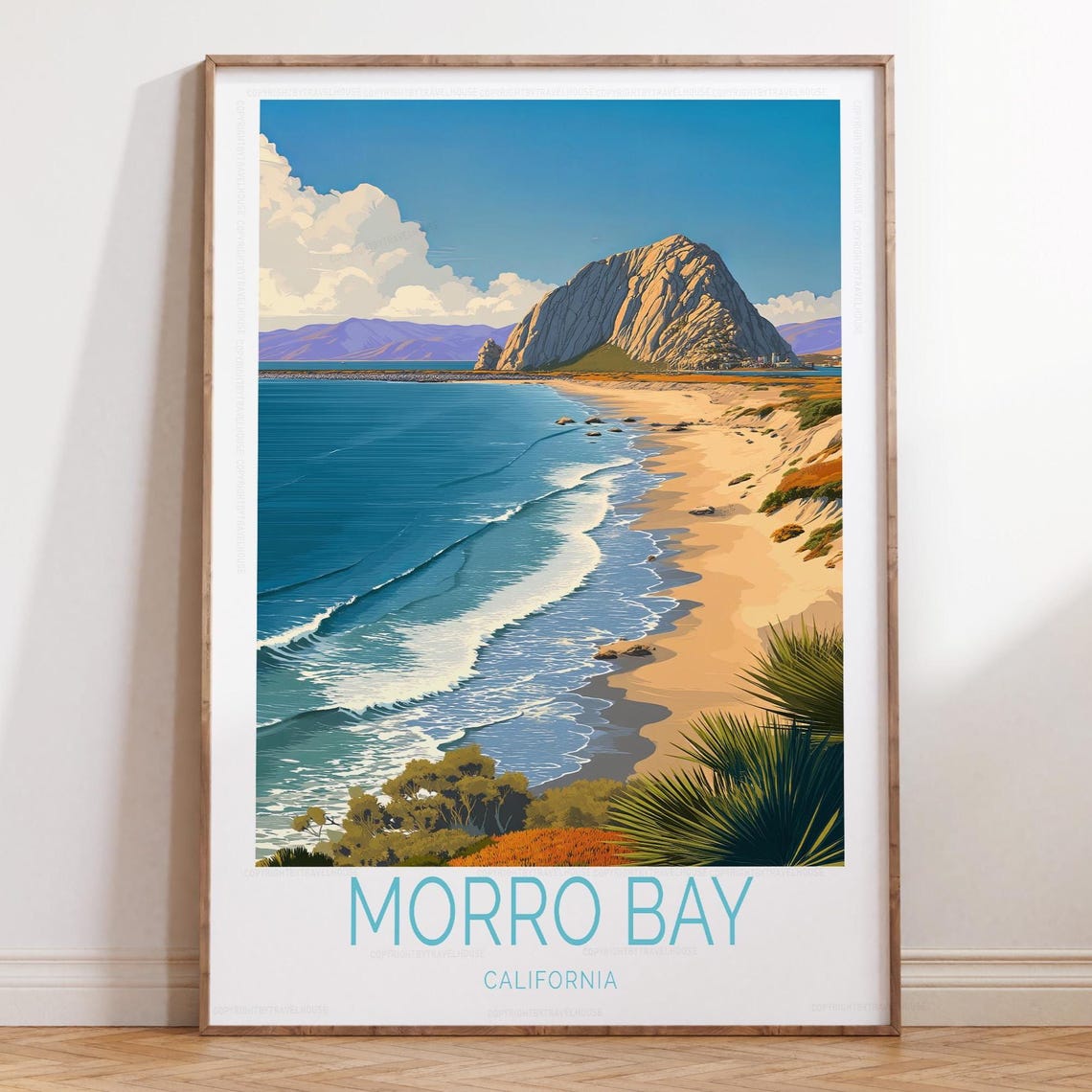 Morro Bay California Wide Beach with Morro Rock Travel Poster