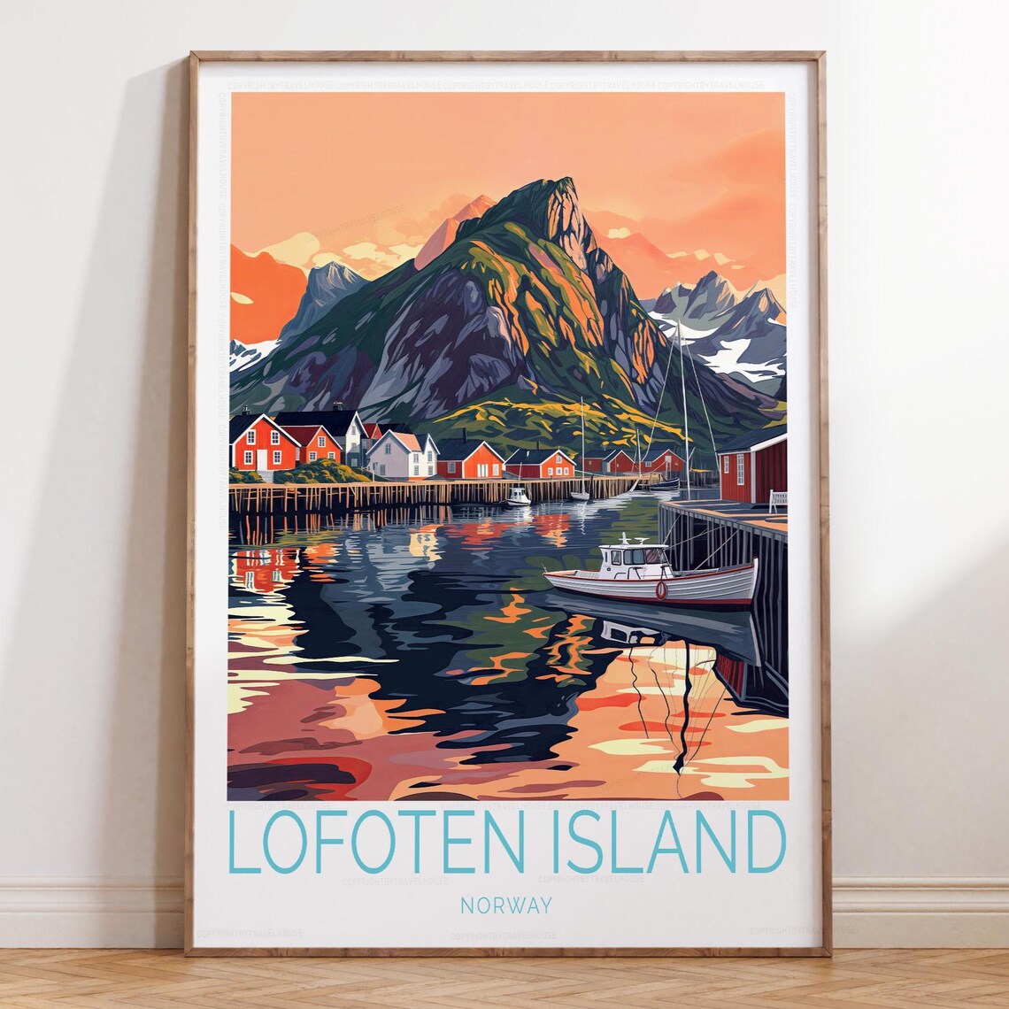 Lofoten Island Norway Sunset Harbor Travel Poster With Red Cabins