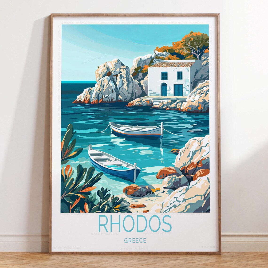 Rhodos Greece Turquoise Cove White Fishing Boats Travel Poster