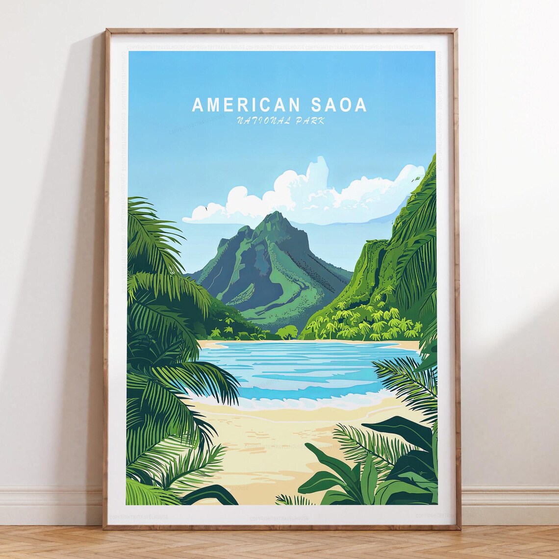 American Samoa Palm Beach Green Peak Tropical Travel Title Poster