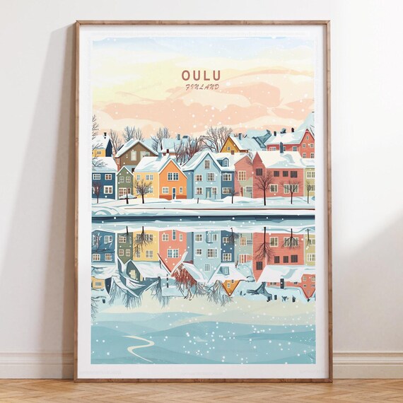 Oulu Finland Snowy Houses Mirrored Lake Reflection Travel Poster