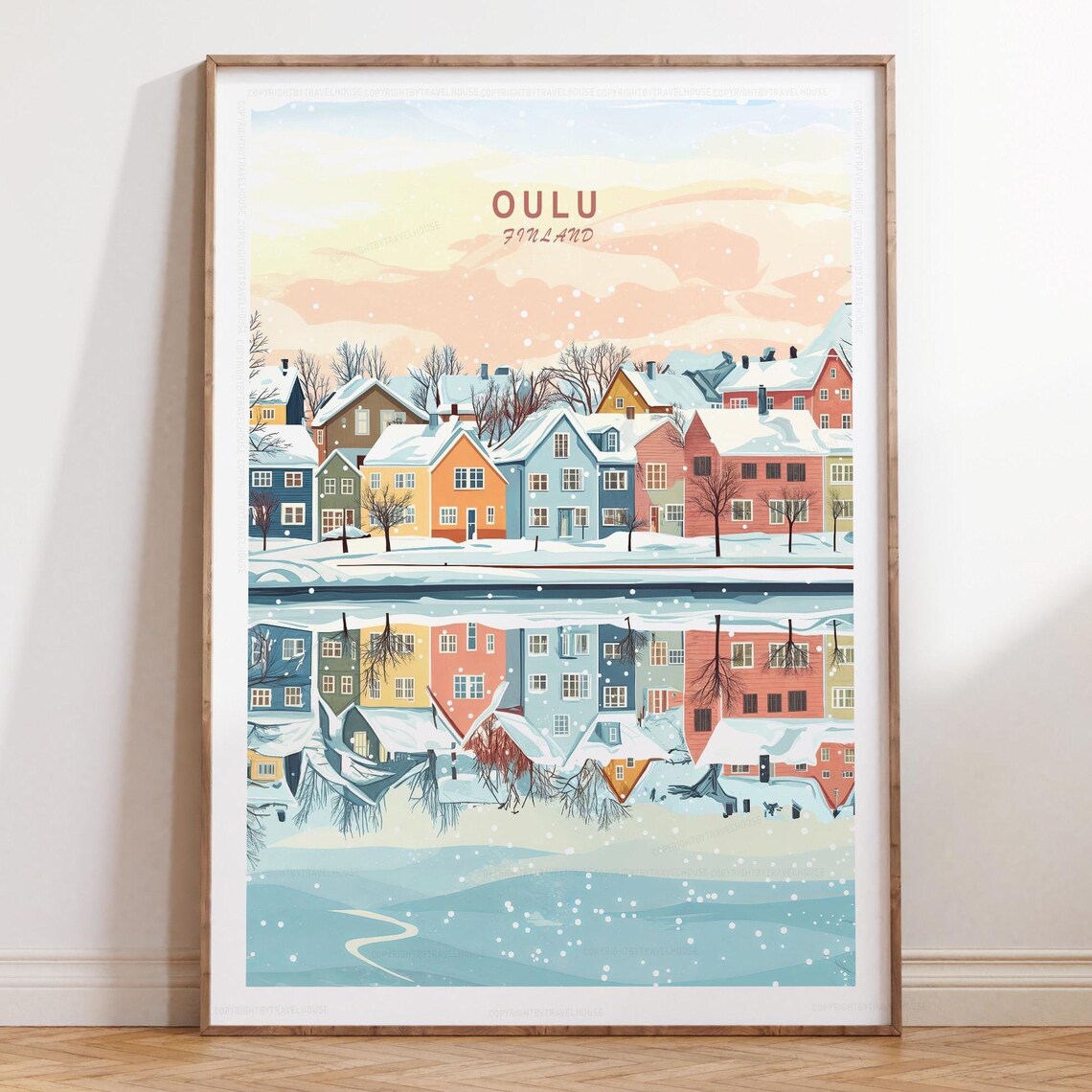 Oulu Finland Snowy Houses Mirrored Lake Reflection Travel Poster