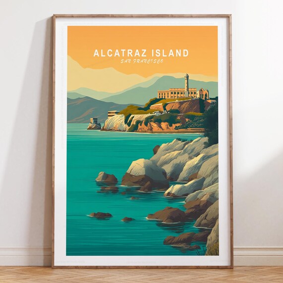 Alcatraz Island San Francisco Golden Sunset Coast Vintage Poster