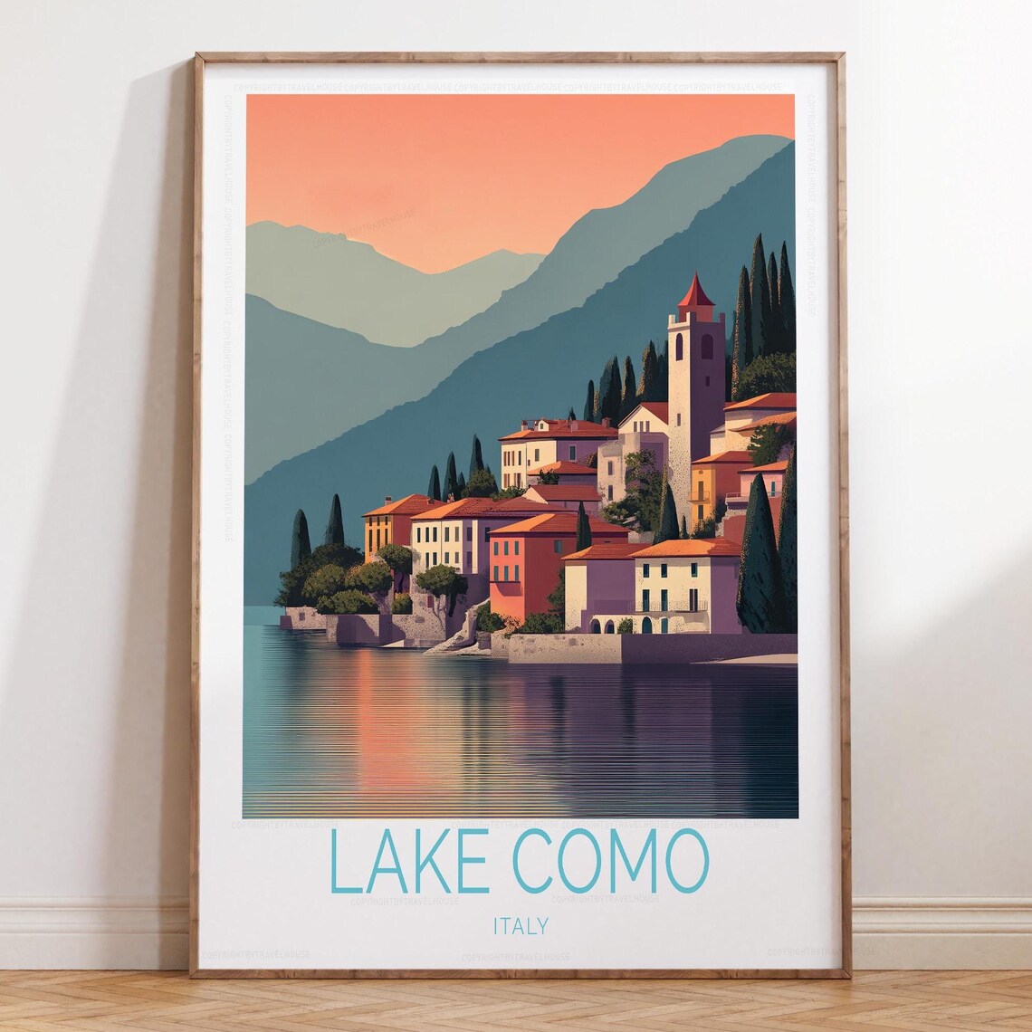 Lake Como Italy Sunset Village Lakeside Vintage Travel Poster