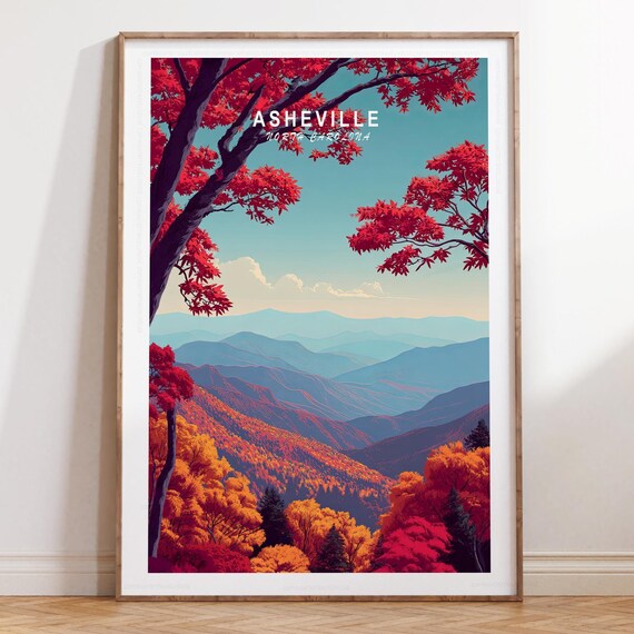Asheville North Carolina Red Autumn Maples Mountain Travel Poster