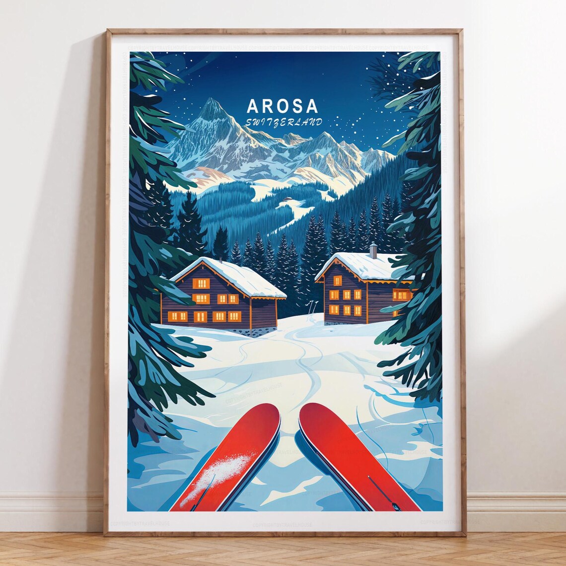 Arosa Switzerland Starry Night Ski Chalets Winter Travel Poster
