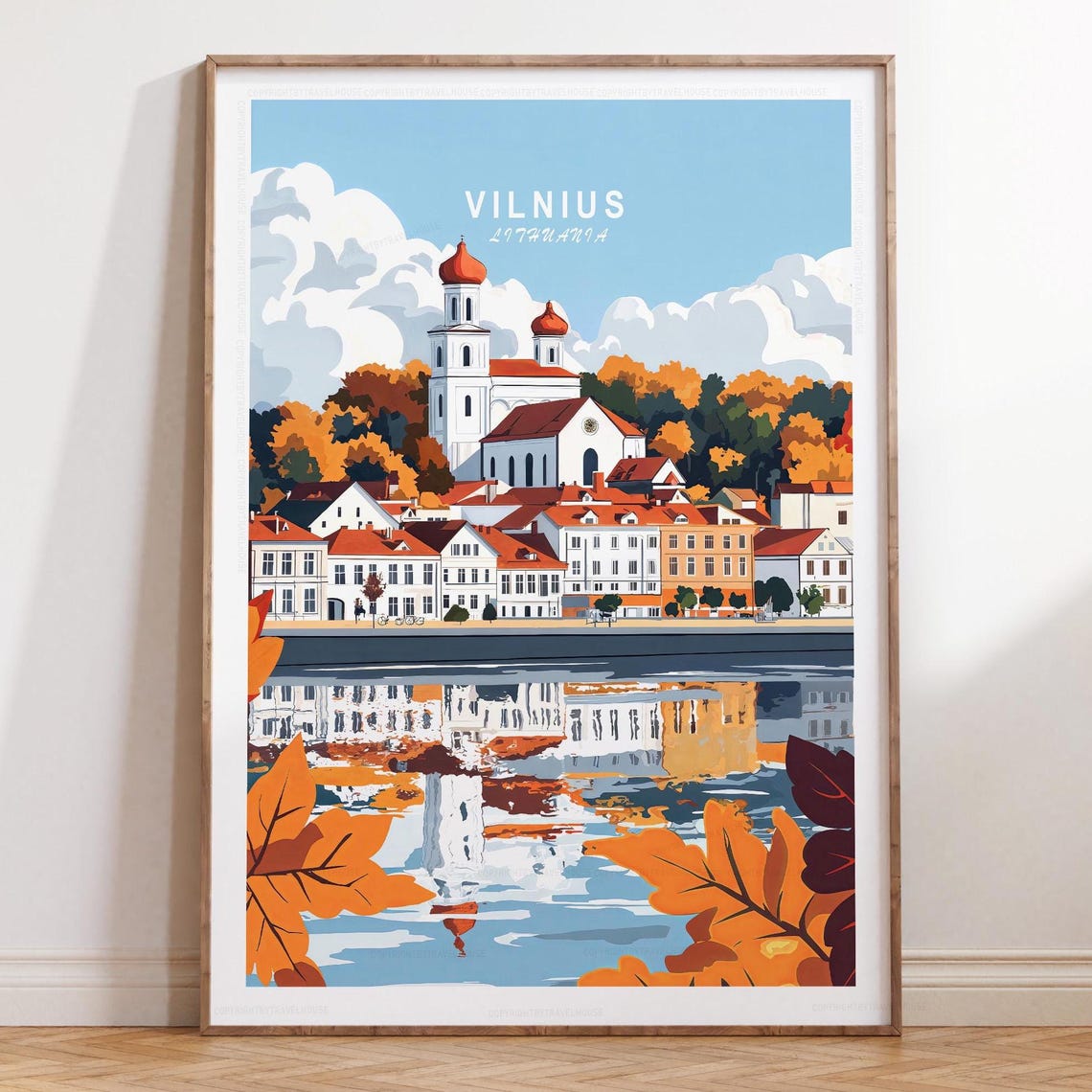 Vilnius Lithuania Autumn River Reflection Leaves Travel Poster