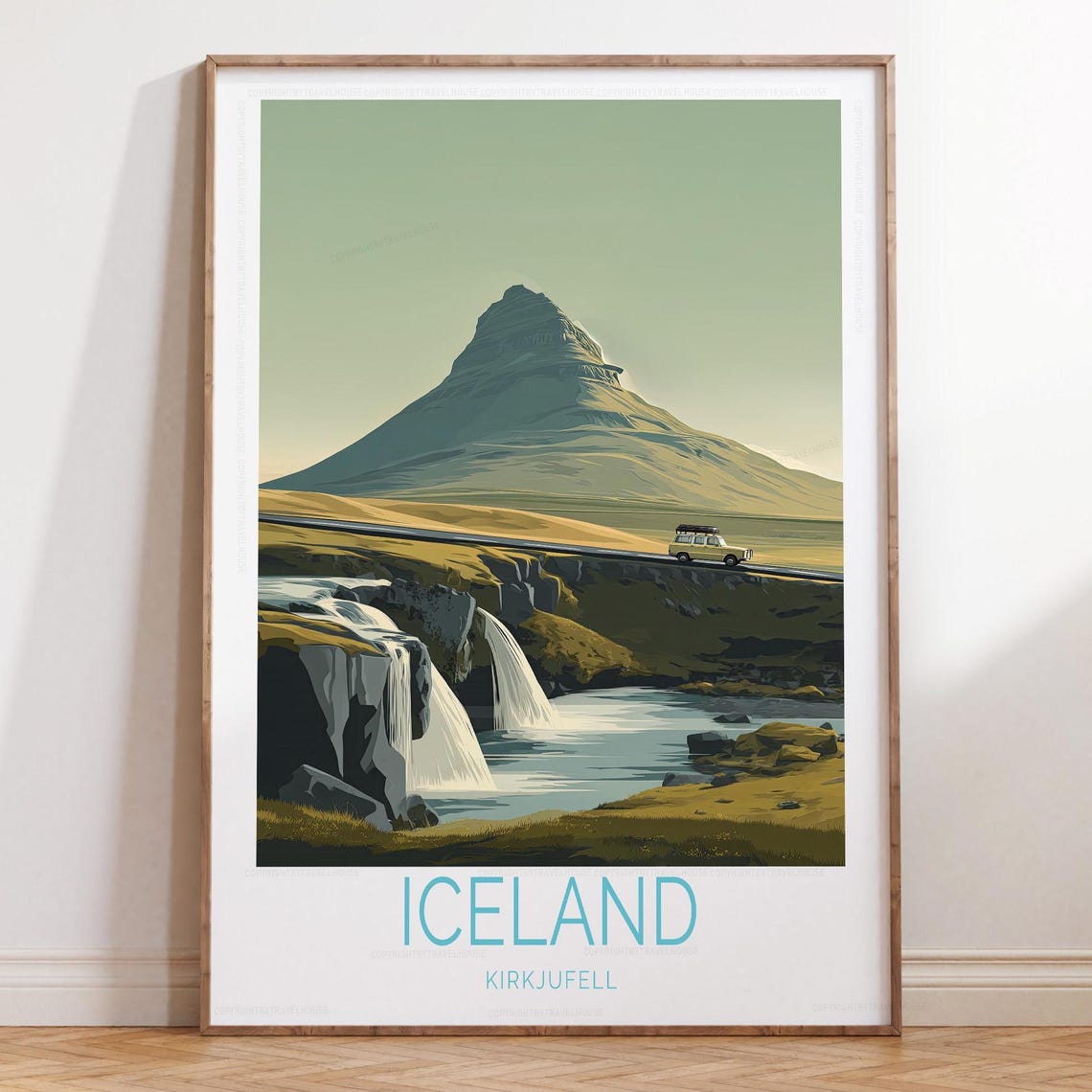 Iceland Kirkjufell Waterfall Camper Van Retro Road Trip Poster