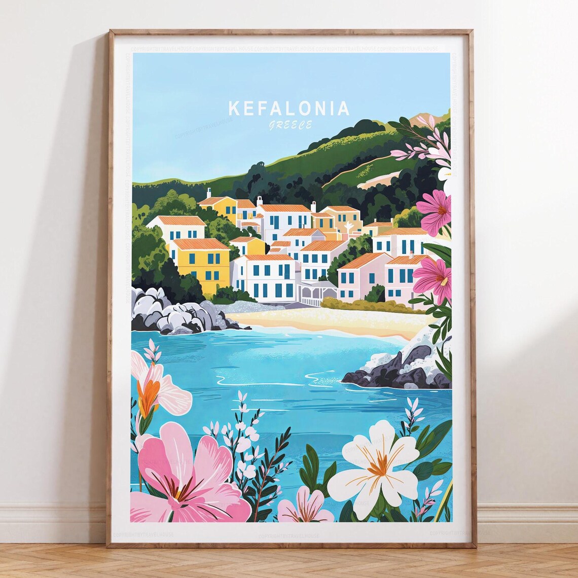Kefalonia Greece Harbor Village Blue Sea Vintage Travel Poster