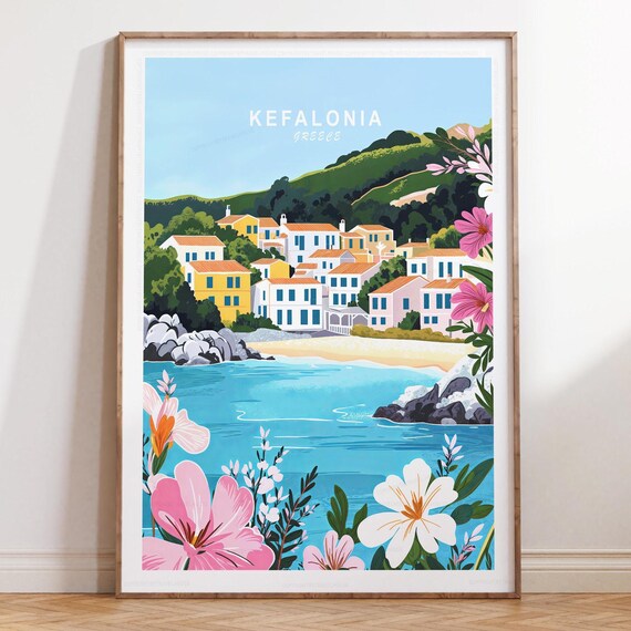 Kefalonia Greece Harbor Village Blue Sea Vintage Travel Poster