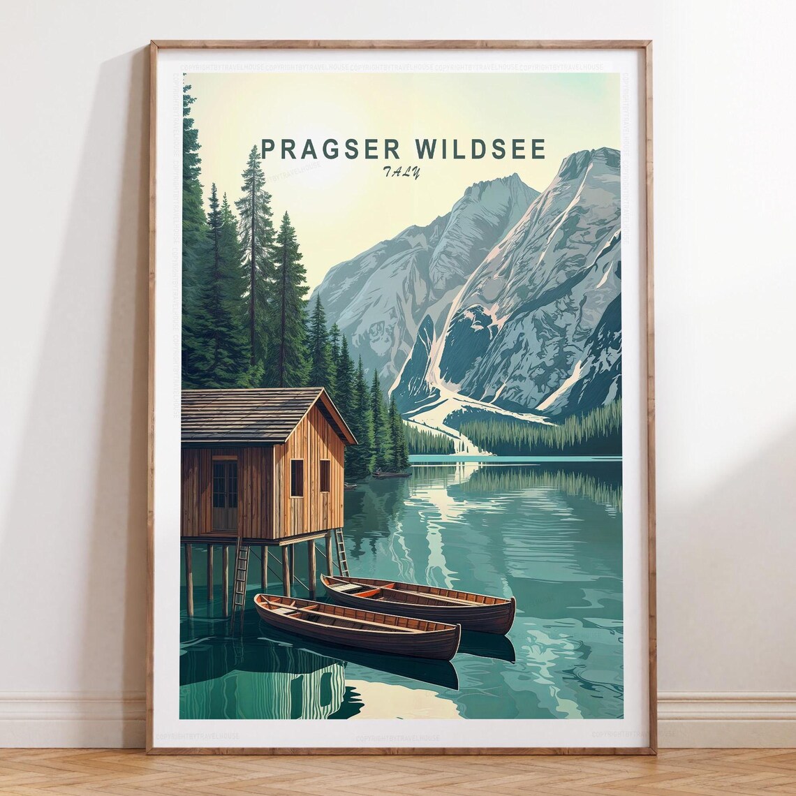 Pragser Wildsee Italy Sunrise Alpine Lake Boats Travel Poster