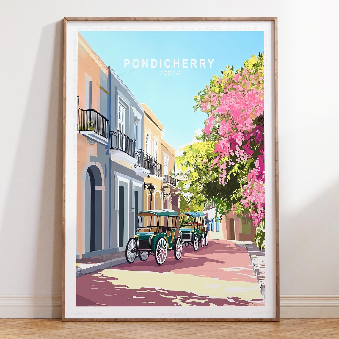 Pondicherry India Minimalist Street Rickshaw Colonial Travel Poster