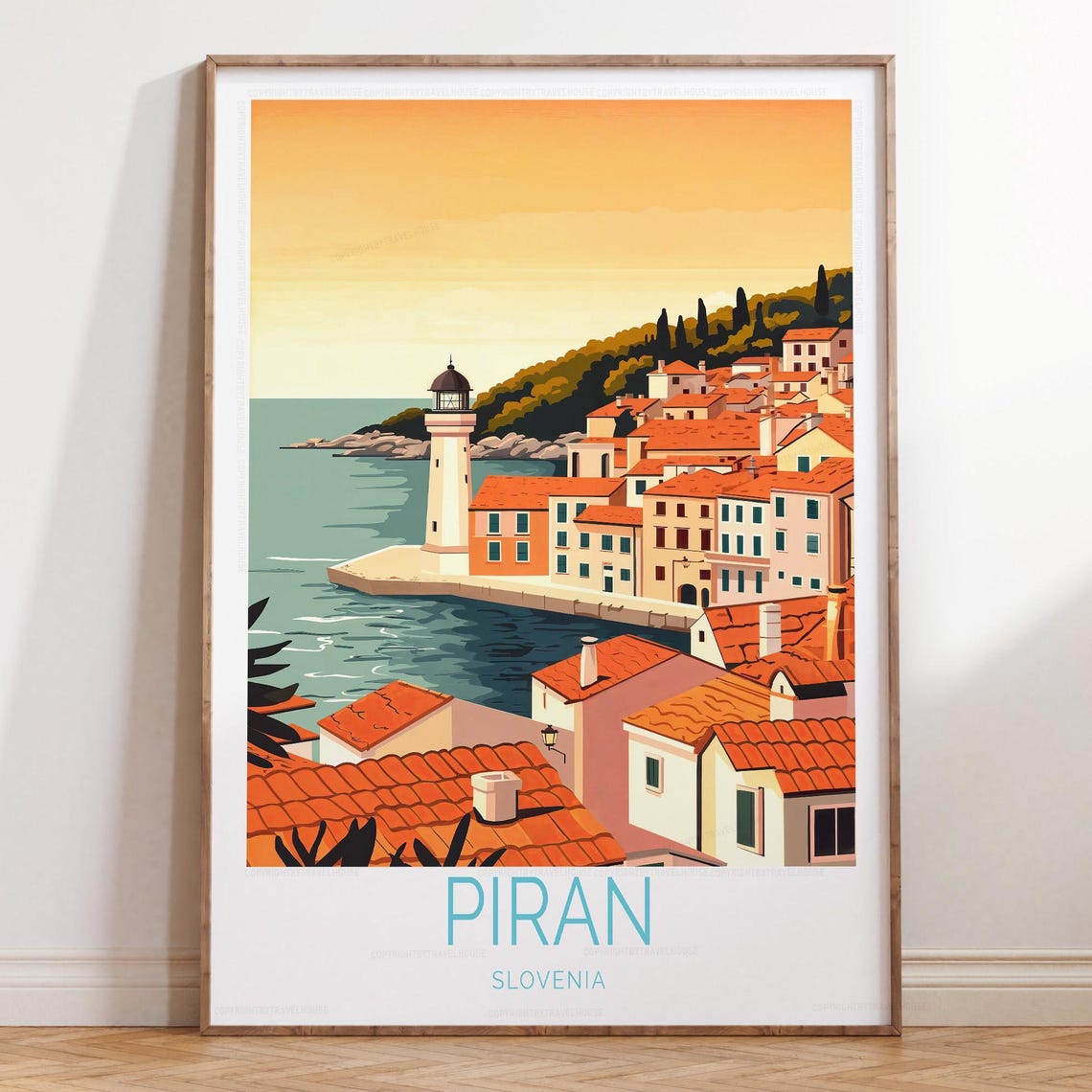 Piran Slovenia Lighthouse Coastal Old Town Sunset Travel Poster