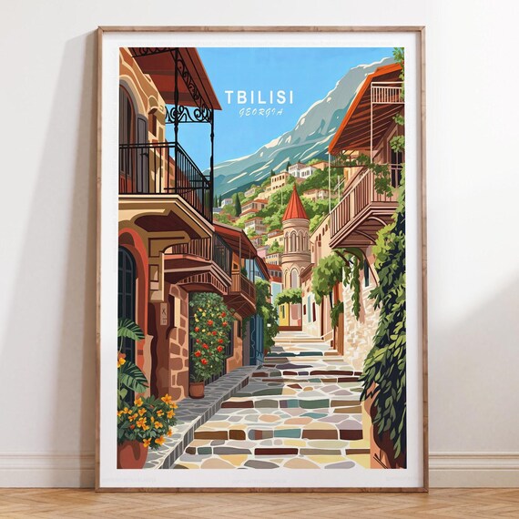 Tbilisi Georgia Historic Old Town Street Mountains View Poster