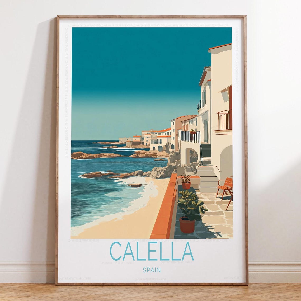 Calella Spain Vintage Travel Poster With Mediterranean Beach Town View