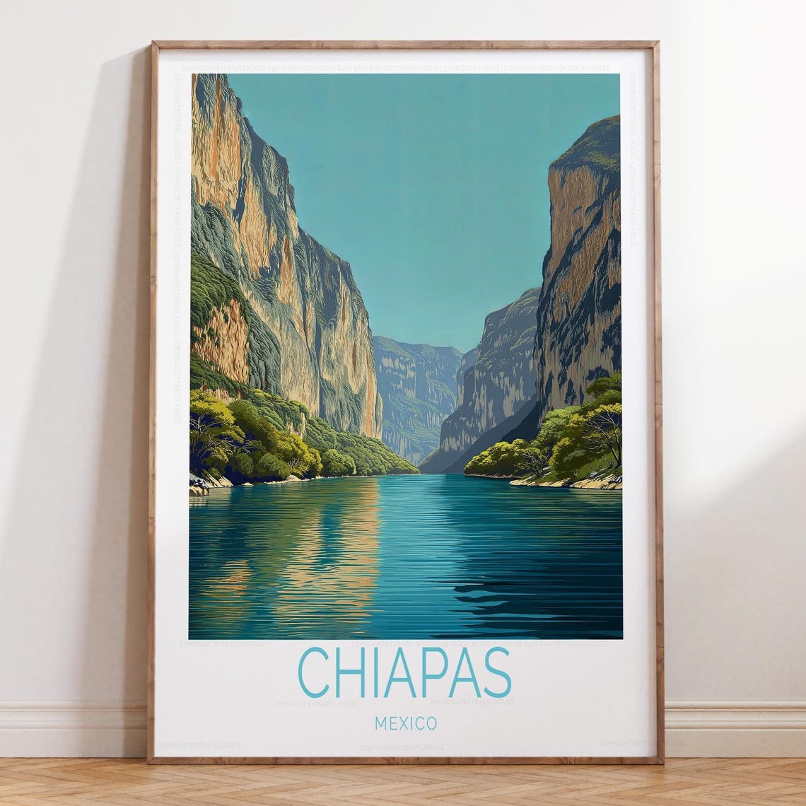 Chiapas Mexico Canyon River Cliffs Minimalist Retro Travel Poster