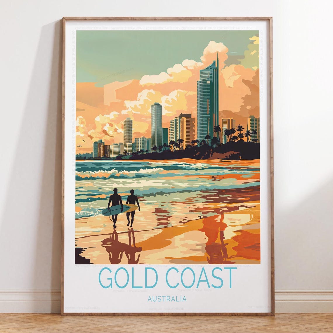 Gold Coast Australia Surfers Sunset Beach Skyline Travel Poster