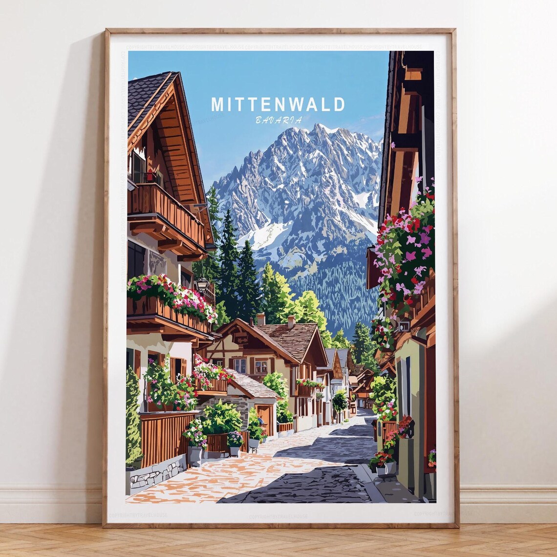 Mittenwald Bavaria Town Street Snowy Mountain View Travel Poster
