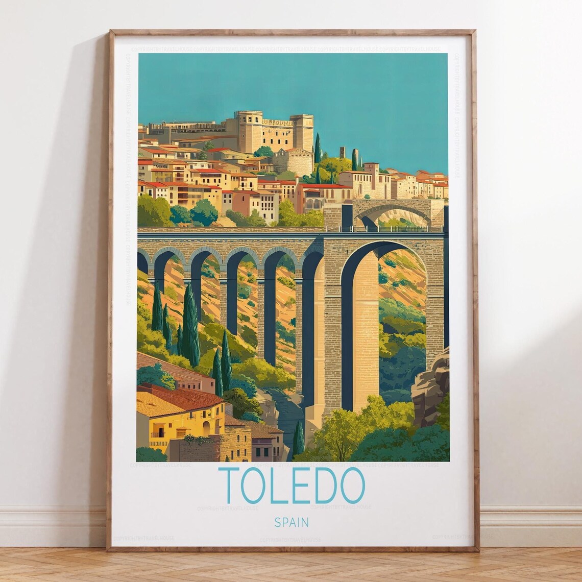 Toledo Spain Roman Aqueduct Arches Hilltop Old Town Travel Poster