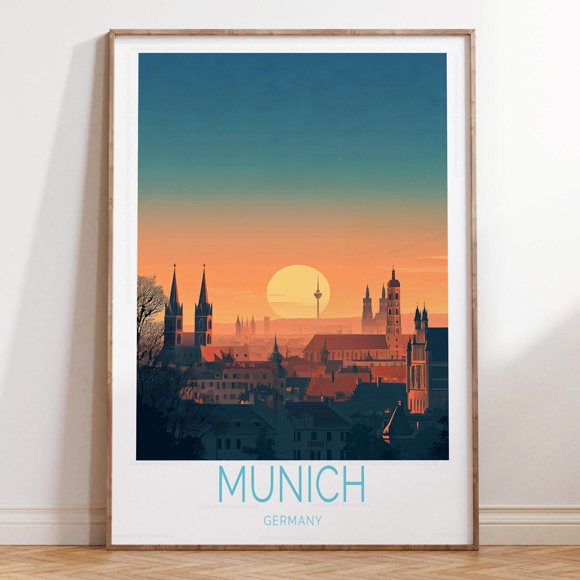 Munich Germany Sunset Skyline Minimalist Evening Travel Poster