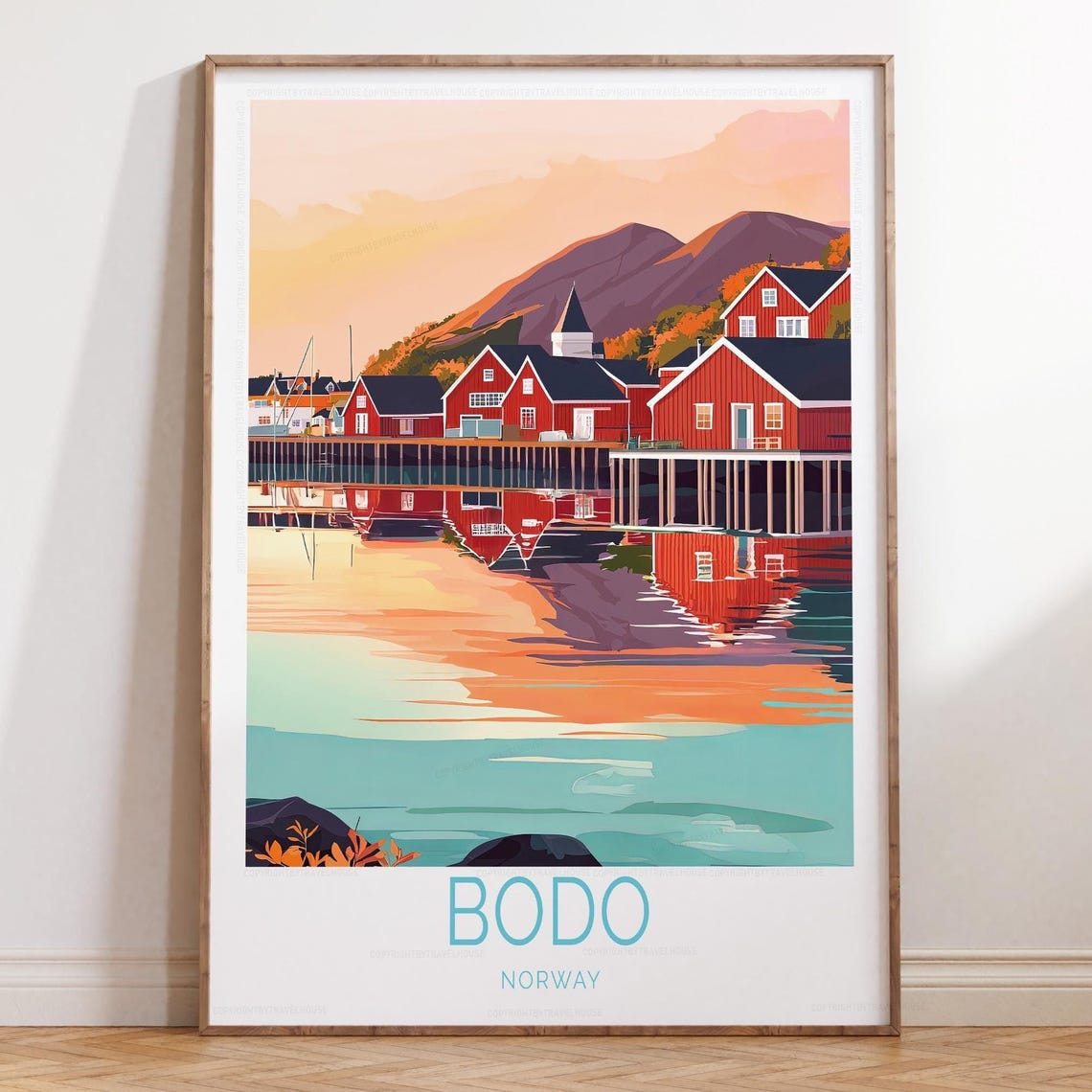 Bodo Norway Daytime Waterfront Red Stilt Cabins Travel Poster