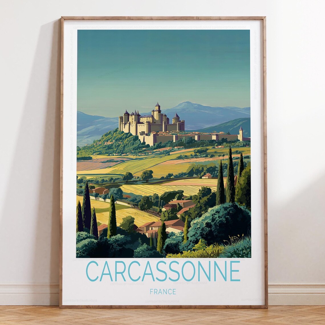 Carcassonne France Medieval Fortress Vineyards Hilltop Travel Poster