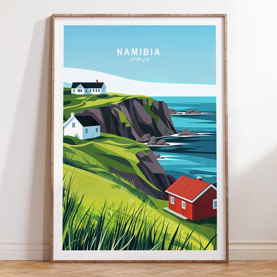 Namibia Africa Green Coast Red Cottage Retro Style Travel Poster