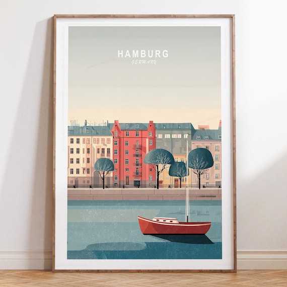 Hamburg Germany Harbor Houses Red Boat Vintage Style Travel Poster