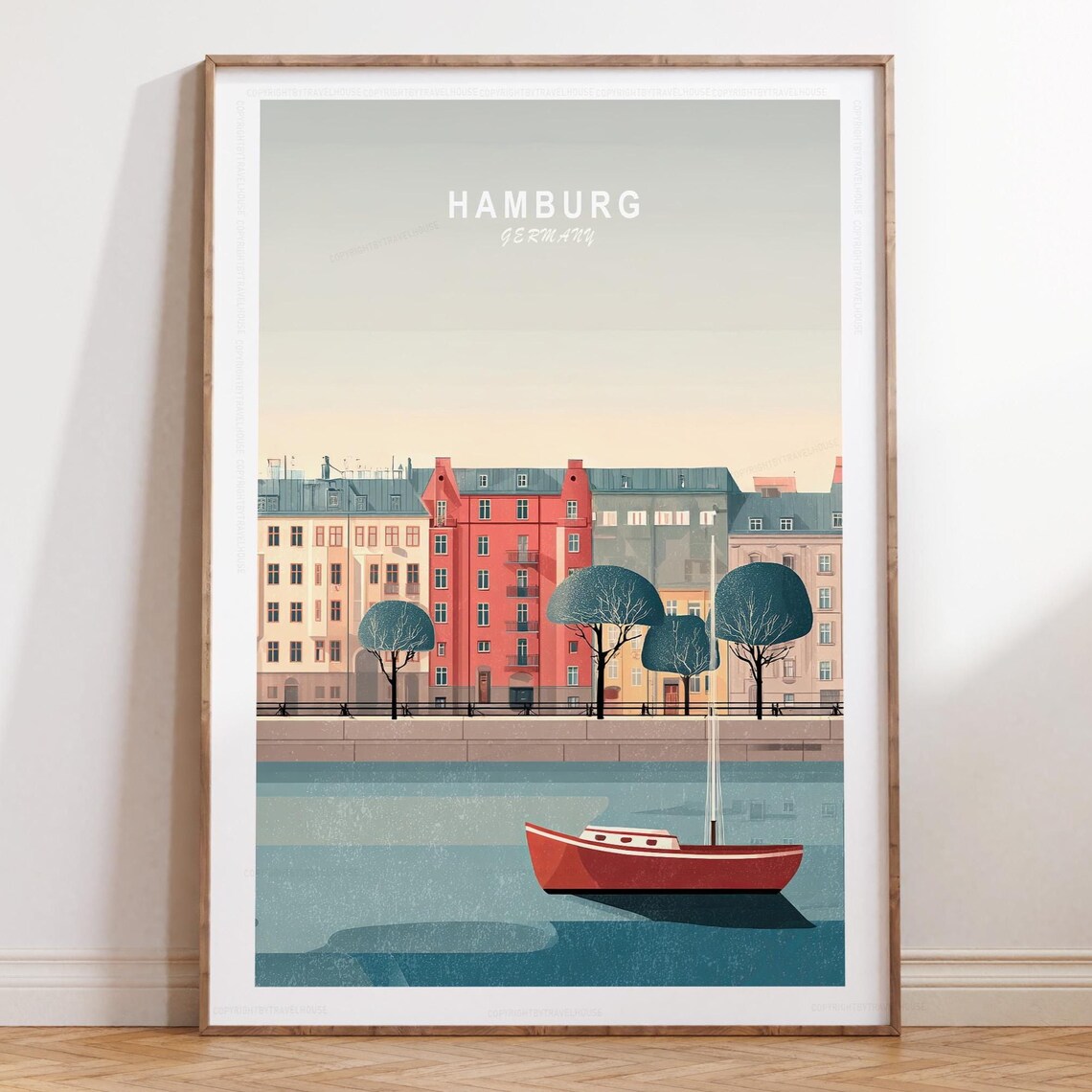 Hamburg Germany Harbor Houses Red Boat Vintage Style Travel Poster